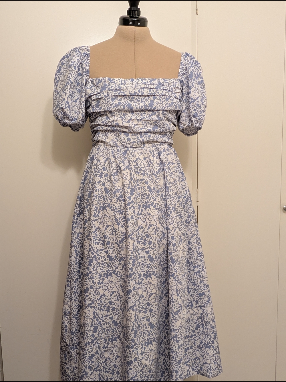 O.p.t. Aka Caara River Dress Blue & White Floral Square-Neck Puff Sleeve Midi